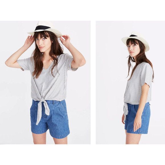 Madewell Novel Tie Front Shirt Womens XS Extra Small Stripe V Neck Short Sleeve - Picture 13 of 14